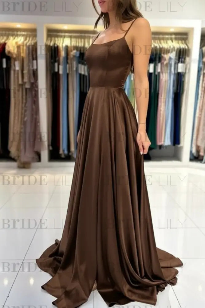 Spaghetti Straps Simple Satin Long Prom Dress with Slit