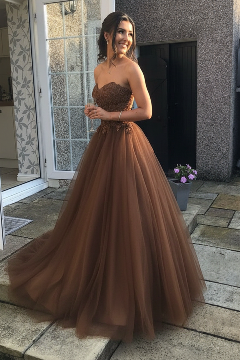 Sweetheart Open Back Pink Lace Long Prom Dresses Tulle Aline Formal Evening Dresses