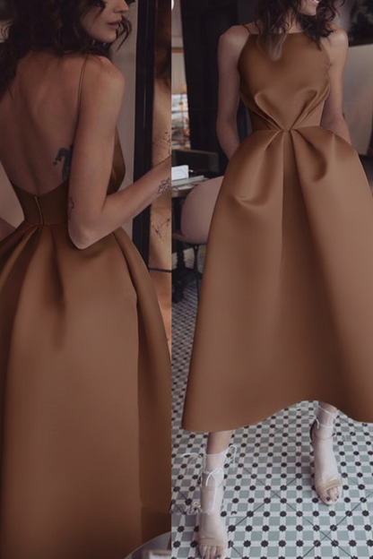 Unique Tea Length Satin Party Spaghetti Straps Backless Prom Dress
