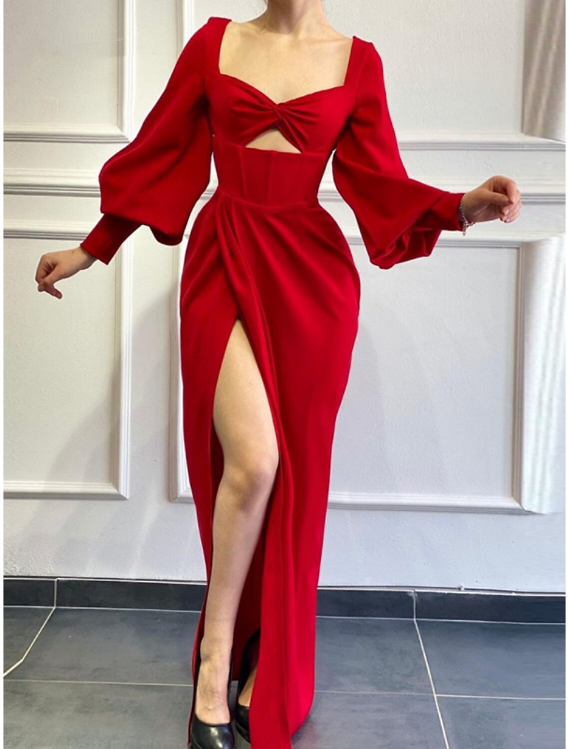 A-Line Evening Gown Sparkle & Shine Dress Party Wear Floor Length Long Sleeve Square Neck  Fabric with Pleats Ruched Slit