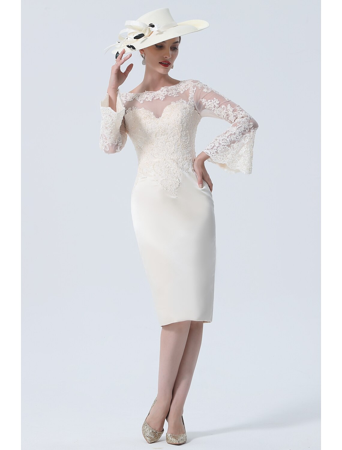 Aimishang  Sheath / Column Mother of the Bride Dress Vintage Plus Size Elegant Jewel Neck Knee Length Satin Lace Long Sleeve with Lace