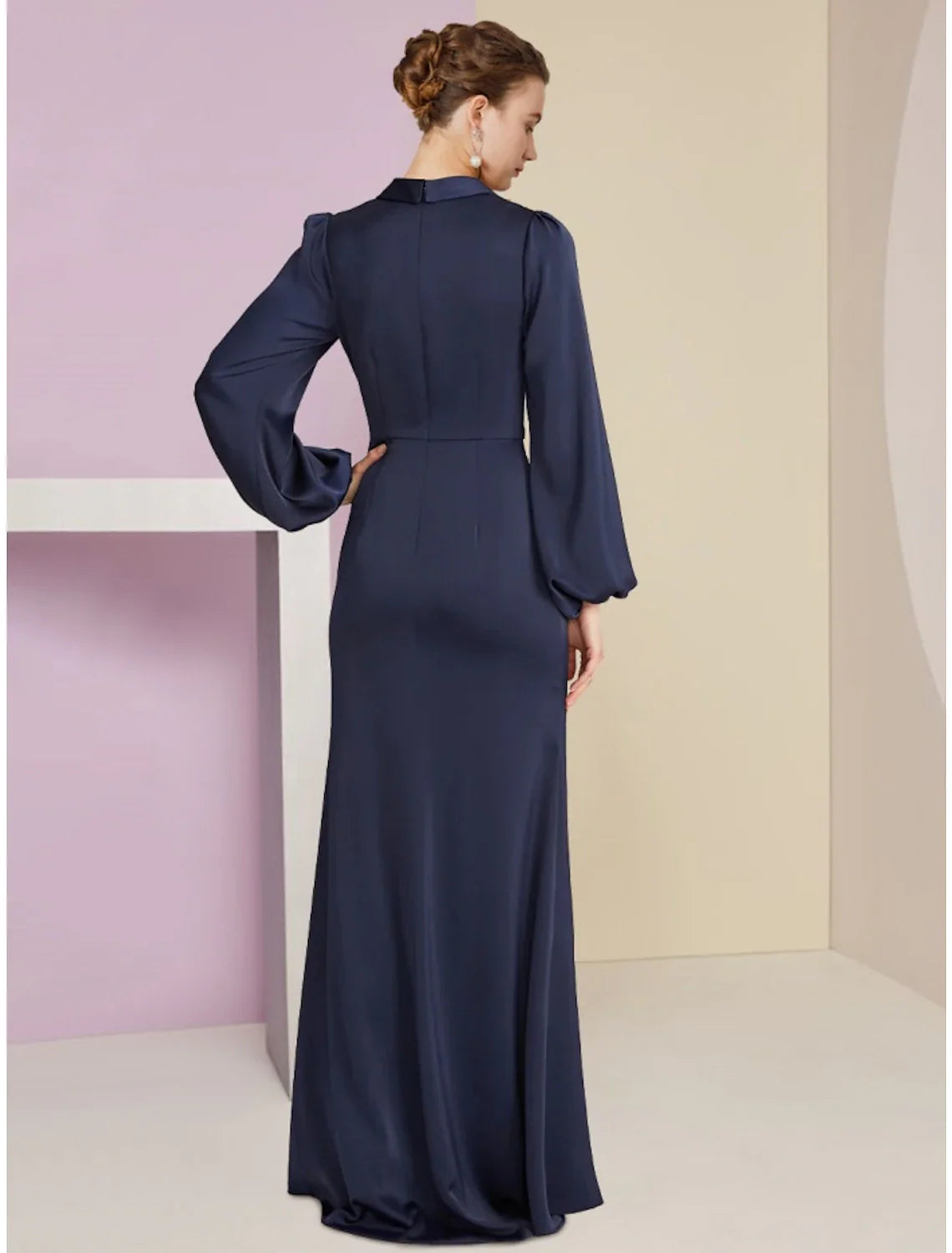 Aimishang Sheath / Column Mother of the Bride Dress Wedding Guest Elegant V Neck Floor Length Stretch Satin Long Sleeve with Split Front Ruching