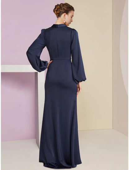 Aimishang Sheath / Column Mother of the Bride Dress Wedding Guest Elegant V Neck Floor Length Stretch Satin Long Sleeve with Split Front Ruching
