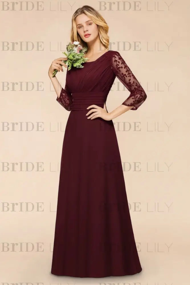 Long Sleeves Aline Bridesmaid Dress Ruffle Chiffon Beadings Wedding Guest Dress