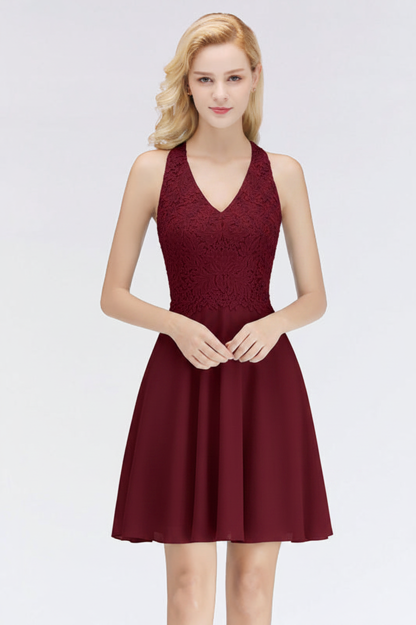 V-Neck Knee Length Floral Lace Birdesmaid Dresses