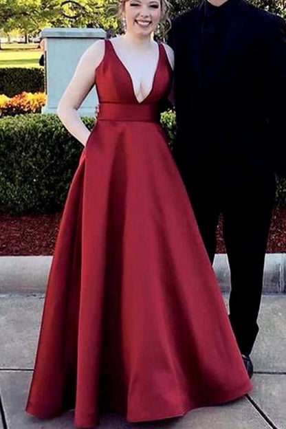 Burgundy Deep V Neck Satin Long Prom Dress Floor Length Formal Evening Gown