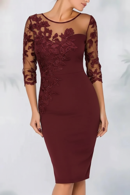 Jewel Neck Column Floral Lace Mother of the bride Dresses Half Sleeves
