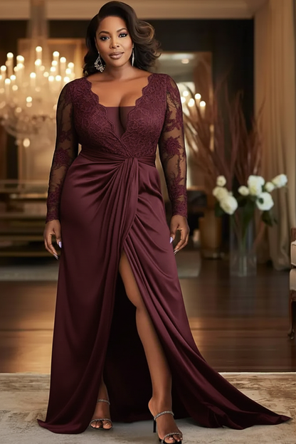 V-Neck Black Mother of the Bride Dress Long Sleeves lace Front Slit Wedding Guest Dress