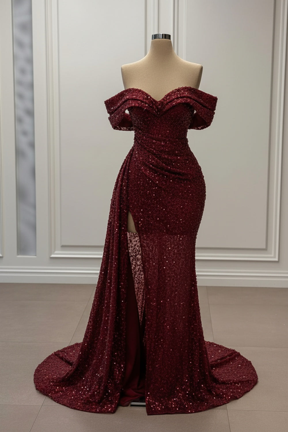 Off-the-Shoulder White Sequined Mermaid Wedding Dress