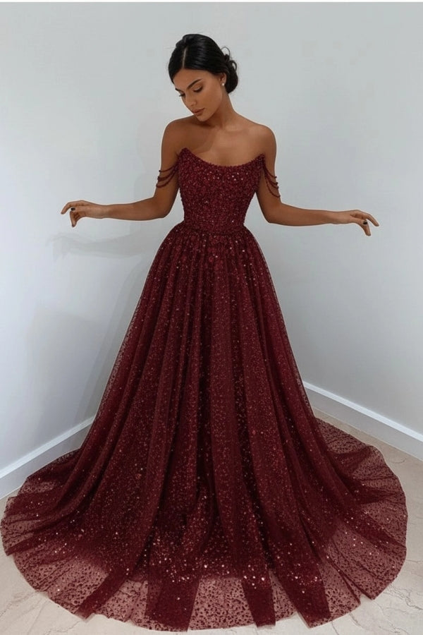 Sparkly Sky Blue Off-the-Shoulder Prom Dress Long with Sequins