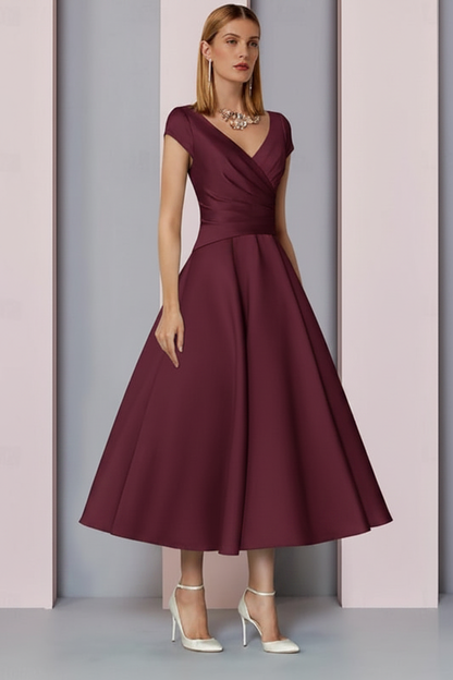 Navy Satin A-Line Mother of the Bride Dress V Neck Tea Length Wedding Guest Dress