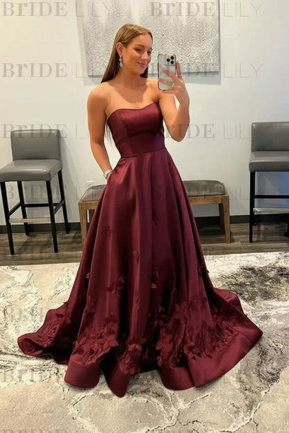 Strapless Light Blue Satin Prom Dresses 3D Flowers A-line Evening Dresses with Pocket