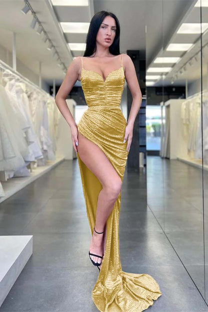 Burgundy Spaghetti Straps Sequins Mermaid Evening Dress Sleeveless With Split