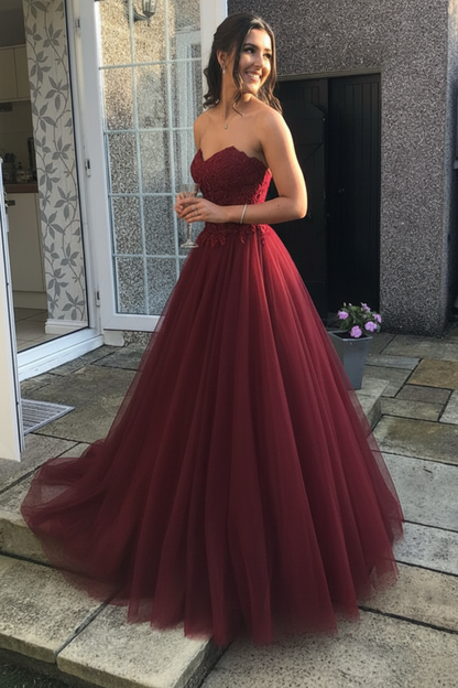 Sweetheart Open Back Pink Lace Long Prom Dresses Tulle Aline Formal Evening Dresses