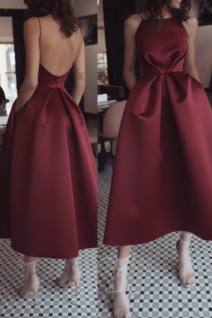 Unique Tea Length Satin Party Spaghetti Straps Backless Prom Dress