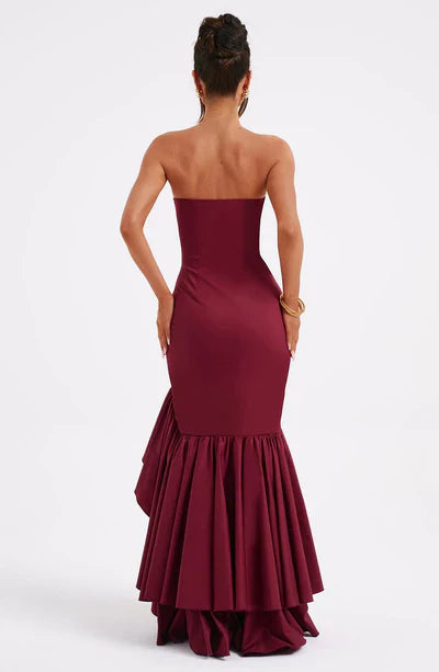 Beautiful Burgundy A-line Off The Shoulder Formal Ball Gown With Ruffled Edges