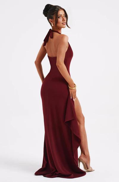 Sexy Plume Neck Halter Ruffle Detail Front Slit Formal Prom Dress