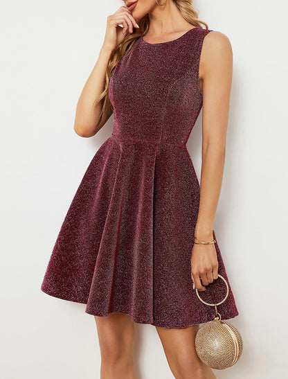 A-Line Homecoming Dresses Glittering Dress Party Wear Prom Tea Length Sleeveless Jewel Neck Satin with Glitter