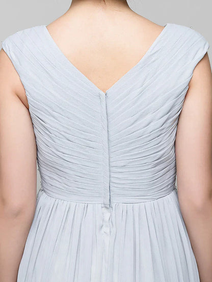 DingjiA-Line Mother of the Bride Dress Elegant V Neck Floor Length Chiffon Sleeveless with Criss Cross Beading