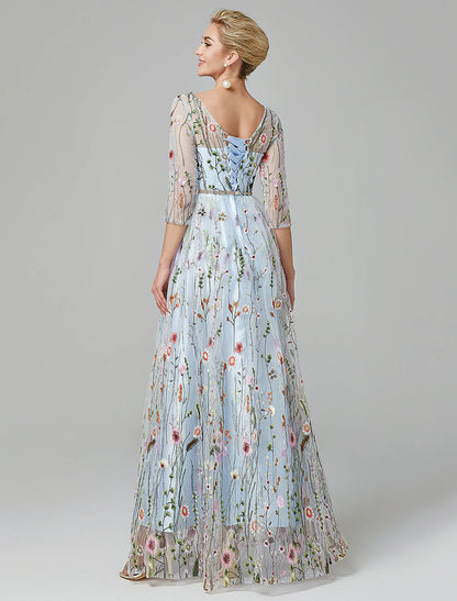 A-Line Evening Gown Party Dress Floral Dress Holiday Wedding Guest Floor Length 3/4 Length Sleeve Illusion Neck Lace with Embroidery 2025