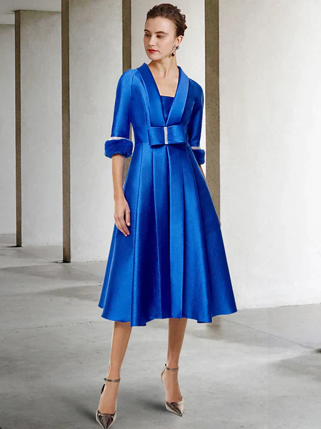 Two Piece A-Line Mother of the Bride Dress Elegant Jewel Neck Tea Length Satin Half Sleeve Jacket Dresses with Bow(s) Pleats Crystals