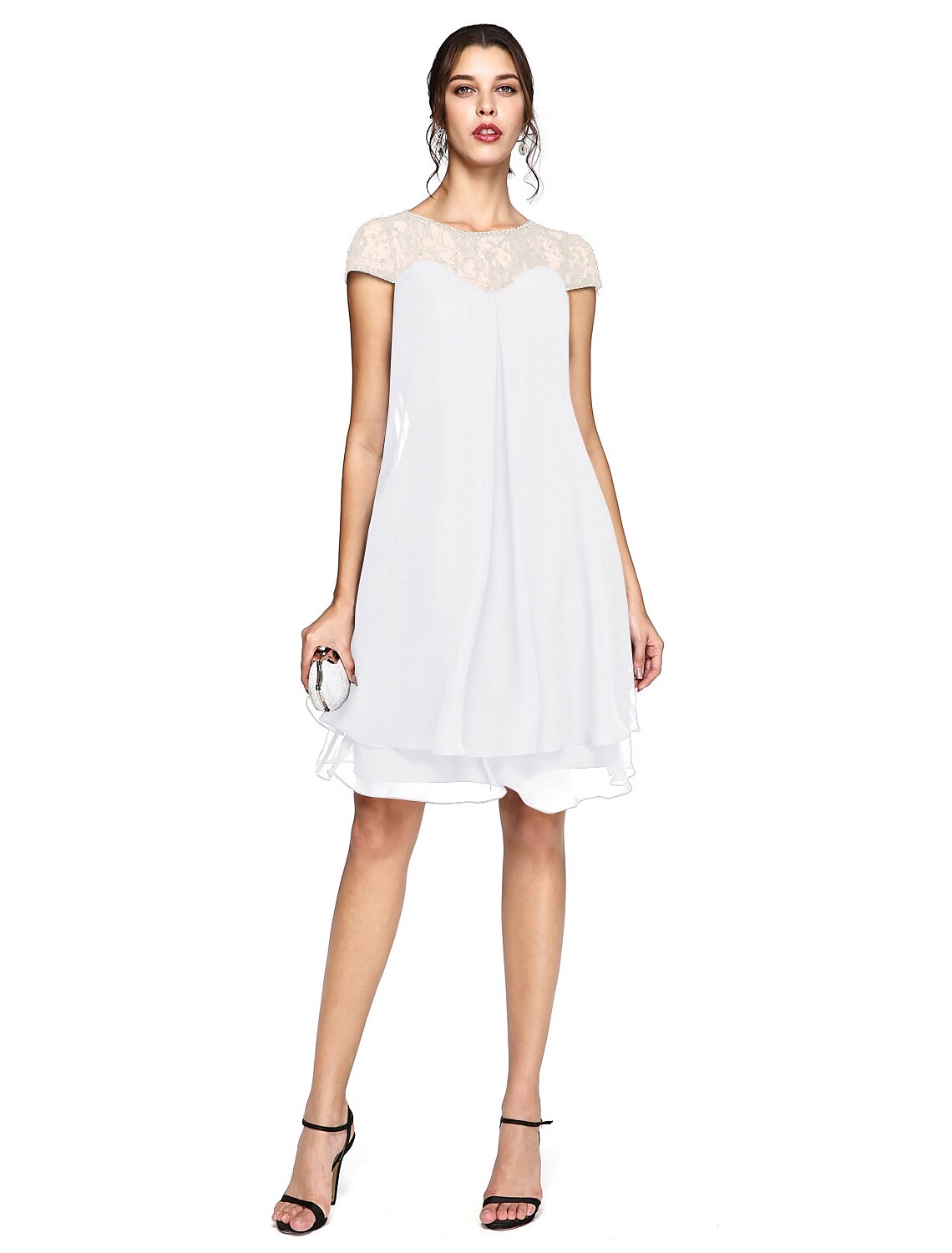 Aimishang A-Line Mother of the Bride Dress Plus Size Elegant Illusion Neck Knee Length Chiffon Lace Short Sleeve with Sequin