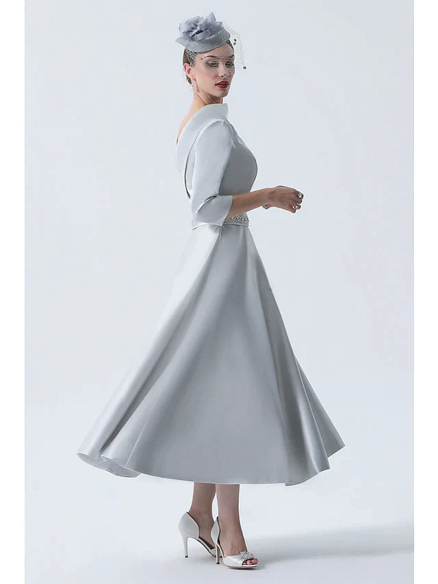 A-Line Mother of the Bride Dress Wedding Guest Vintage Plus Size Elegant Bateau Neck Tea Length Satin 3/4 Length Sleeve with Beading
