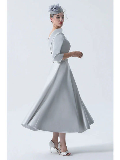 A-Line Mother of the Bride Dress Wedding Guest Vintage Plus Size Elegant Bateau Neck Tea Length Satin 3/4 Length Sleeve with Beading