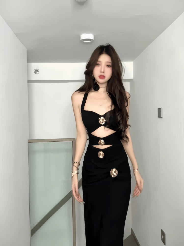 Elegant Black Halter-neck Rose Metal Button Prom Dress Sheath Evening Gown Party Dress Trailing Long Formal Dress HZ1024