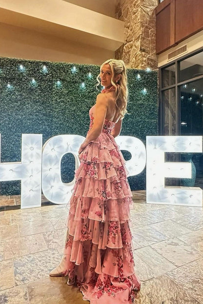 A Line Chiffon Keyhole Hatler Floral Printed Tiered Slit Prom Dresses
