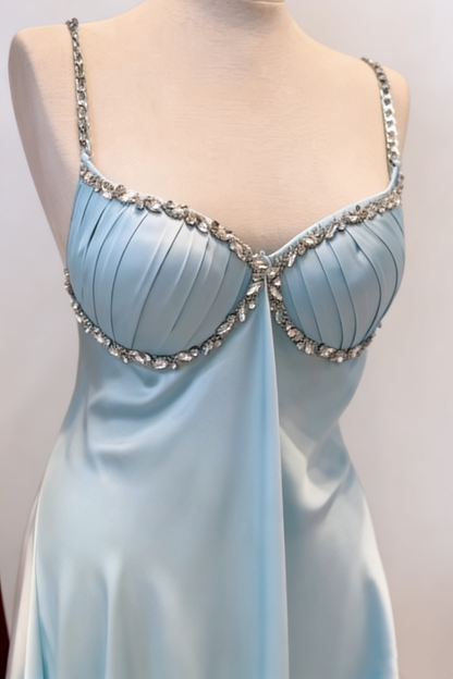 Baby Blue Luxury Beaded Cami Dress Satin Slim Fit Party Mini Dress gh7001