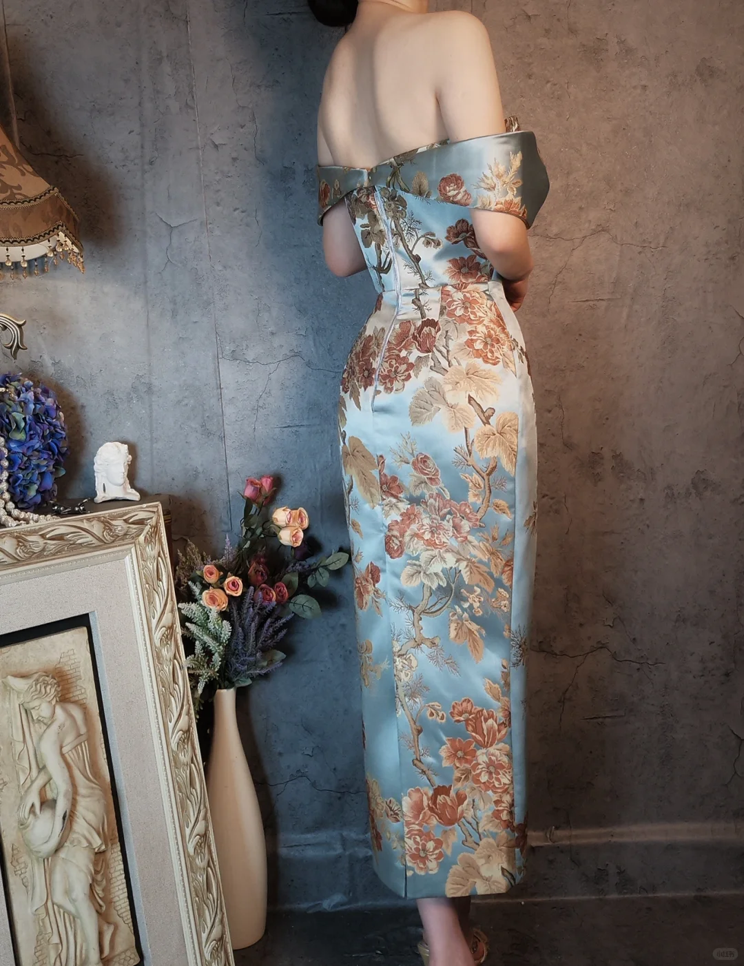 Vintage Floral Off-the-shoulder Sweetheart Design Elegant Satin Evening Dress Prom Dress HZ1024