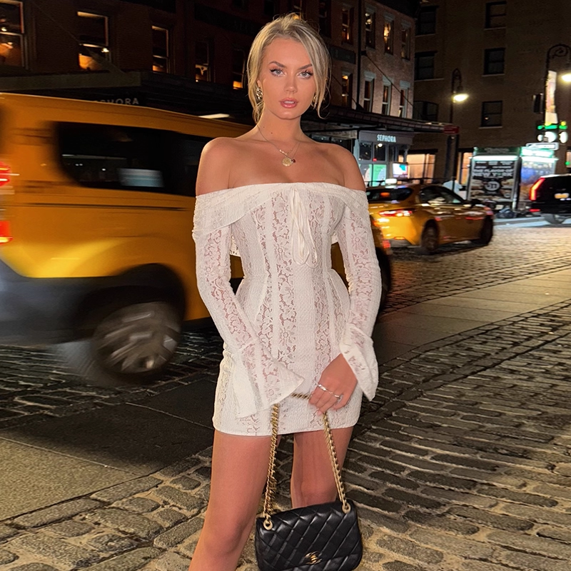 Vintage White Lace Off-the-shoulder Sheath Long-sleeved Short Summer Dresses Party Dress Homecoming Dress HZ1024