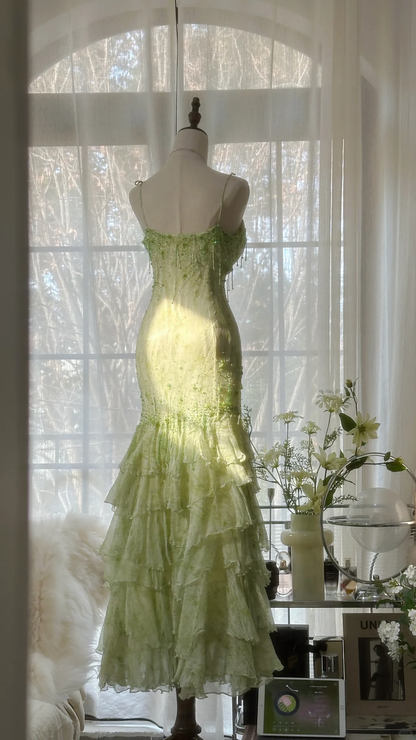 Elegant Green Fairy Mermaid Long Chiffon Spaghetti Strap Ball Gown Evening Dress Prom Dresses HZ1024