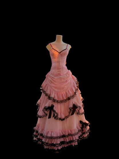 Princess Pink Spaghetti Strap Boned Bow Lace Tulle Long Prom Dress Evening Dress cc5424
