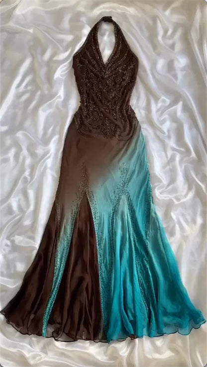 Retro Gradient Gorgeous Exquisite Beaded Halter Dress Long Chiffon Evening Gown Prom Dress HZ1024