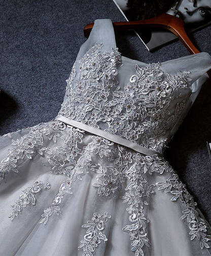 Vintage Gray Applique Design A-line Tulle Party Dress Homecoming Dress HZ1024