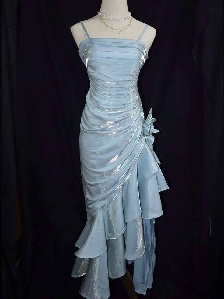 Charming Baby Blue Vintage Floral Dress Asymmetrical Hem Prom Dress Party Gown cc1454