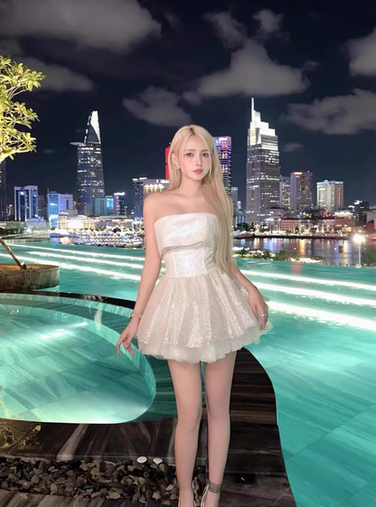 Cute Beige Sequin Ruffled Hem Design A-line Satin Strapless Party Dress Homecoming Dress HZ1024