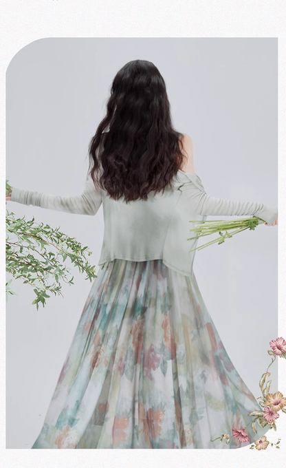 Vintage Fashion Floral Print Design Long-sleeved Cardigan A-line Long Spaghetti Strap Dress HZ1024