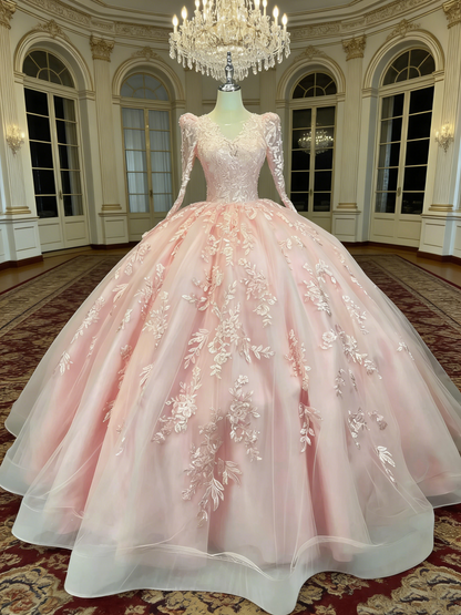 Blush Pink Royal Style Ball Gown - V-Neck Lace Embroidery Coming-of-Age Dress gh6967