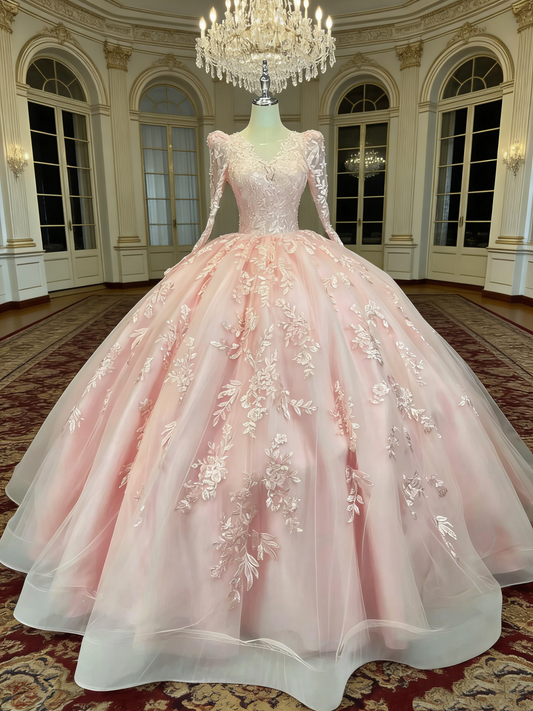 Blush Pink Royal Style Ball Gown - V-Neck Lace Embroidery Coming-of-Age Dress gh6967