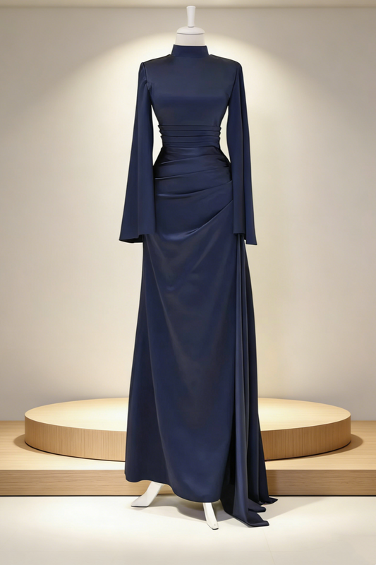 Long sleeves Navy Blue Matte Satin Draped Dress - High Neck Wide Sleeve Socialite Style Cocktail Gown gh6969