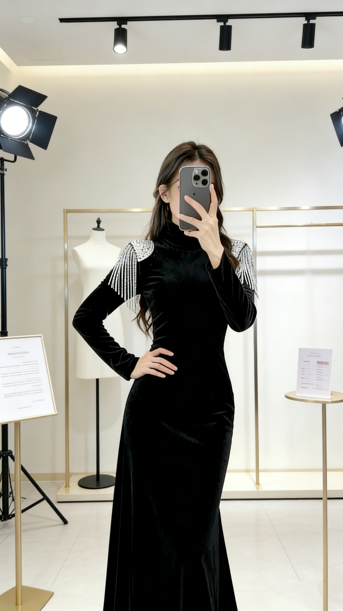 Velvet Crystal Fringe Slim Maxi Dress - High Neck Long Sleeve Party Statement Gown gh6972