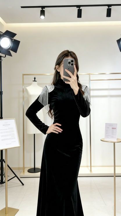 Velvet Crystal Fringe Slim Maxi Dress - High Neck Long Sleeve Party Statement Gown gh6972