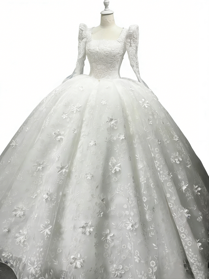 White Royal Style Puff Sleeve Ball Gown - Heavy Lace Embroidery Church Wedding Dress gh6968