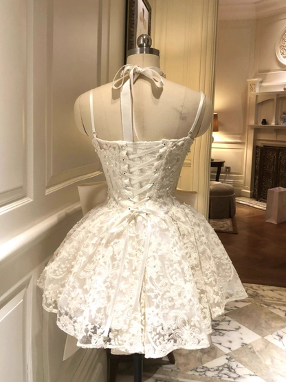 Vintage White Lace Bowknot Design Spaghetti Strap A-Line Homecoming Dress Party Dress Cocktail Dress HZ1024