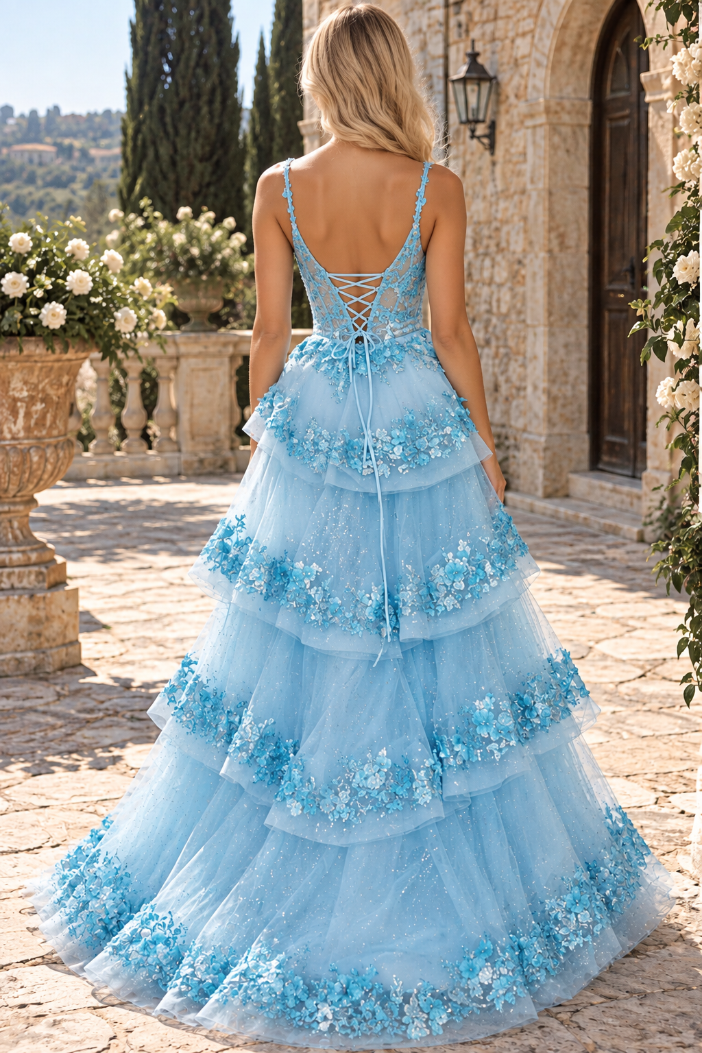 Blue Sequin Lace V-Neck Pageant Dress with Attached Train