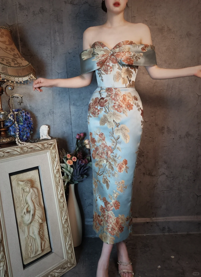 Vintage Floral Off-the-shoulder Sweetheart Design Elegant Satin Evening Dress Prom Dress HZ1024