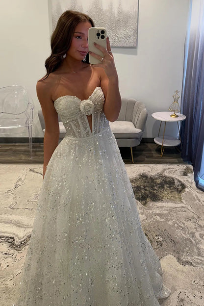 Sparkly White Sequins Long A Line Sweetheart Prom Dresses